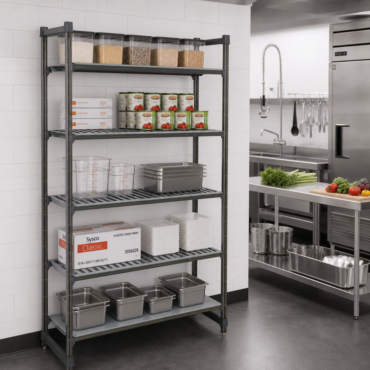 Product image #2 for Cambro Camshelving Basics Plus 5-Tier Stationary Starter Polymer Shelving Unit, 18" Deep x 42" Long x 84" High, Vented and Solid, Brushed Graphite