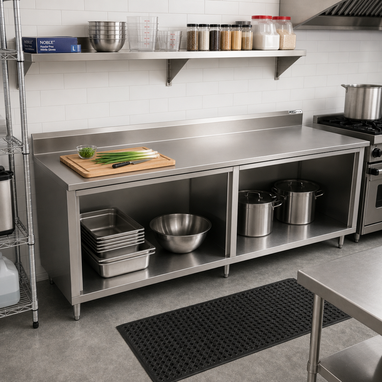 Product image #2 for John Boos 96-Inch x 24-Inch Stainless Steel Work Table with Open Front Cabinet Base and 5-Inch Backsplash