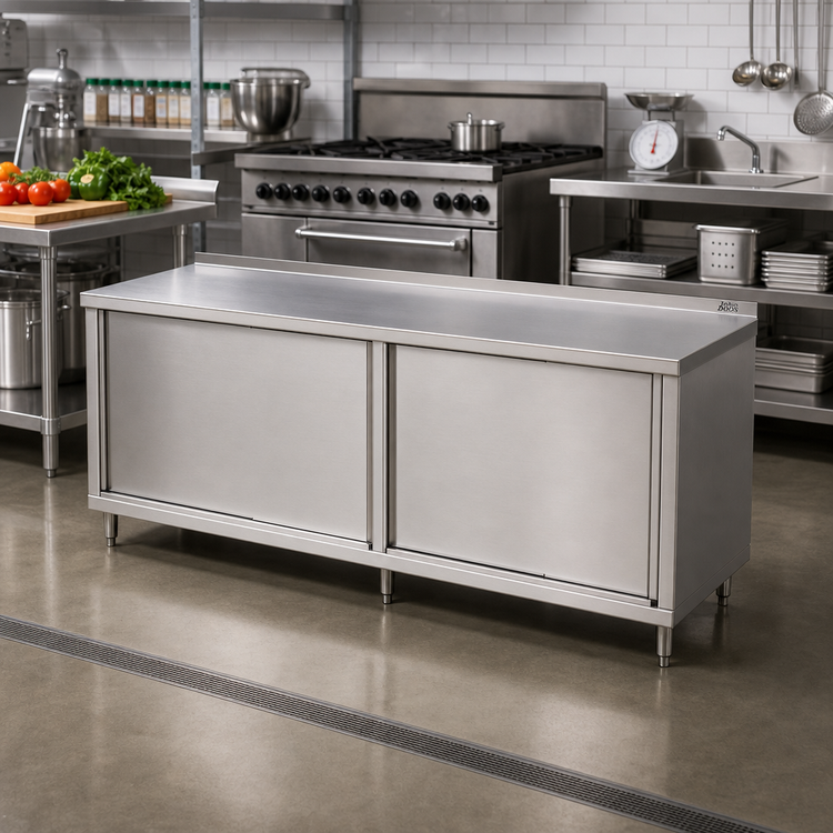 Product image #2 for John Boos Cabinet Base Work Table with Sliding Doors, 120 x 30 Inches, Stainless Steel Top
