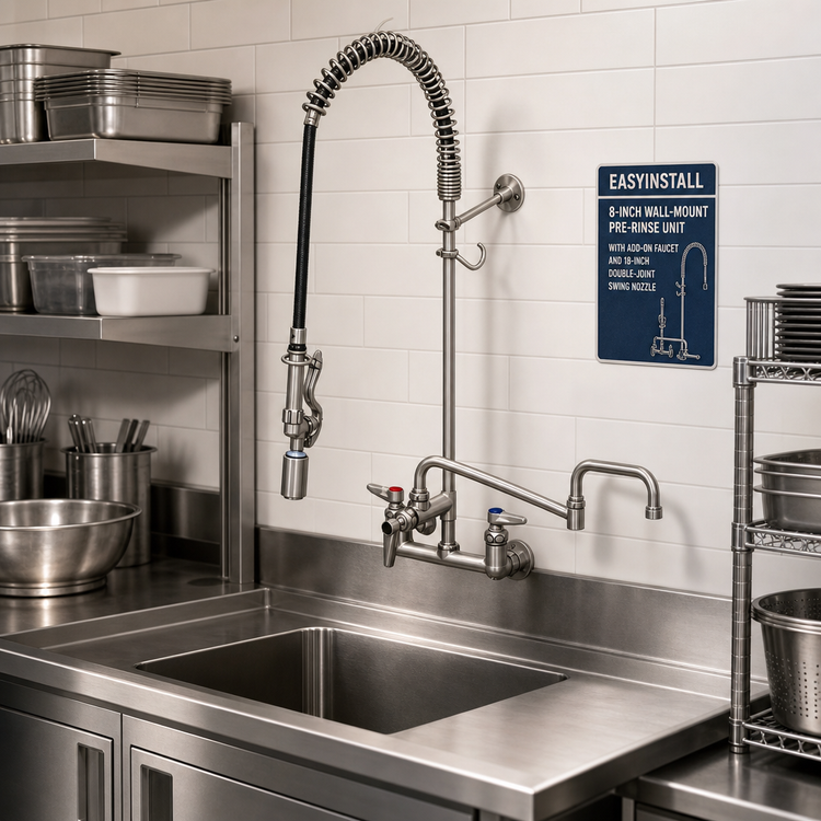 Product image #2 for EasyInstall 8-Inch Wall-Mount Pre-Rinse Unit with Add-On Faucet and 18-Inch Double-Joint Swing Nozzle