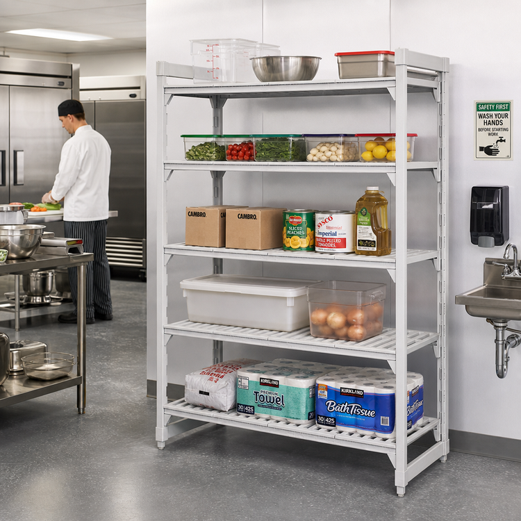 Product image #3 for Cambro Camshelving Premium 5-Tier Stationary Starter Shelving Unit, 24 x 54 x 72 Inches, Vented, Speckled Gray