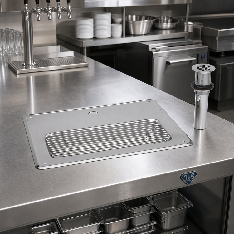 Product image #2 for T&S Brass 18 Gauge Stainless Steel Drop-In Drip Pan with Grid and 1-1/4 Inch Drain