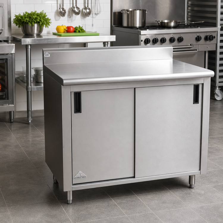 Product image #2 for Advance Tabco CK-SS-308M Enclosed Work Table with Cabinet Base, Mid-Shelf, Sliding Doors, and 5-Inch Backsplash