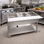 Thumbnail image #2 for Klinger's Trading WB3H 3-Well Gas Steam Table with Open Shelf Base, Stainless Steel, 8-Inch Serving/Cutting Board