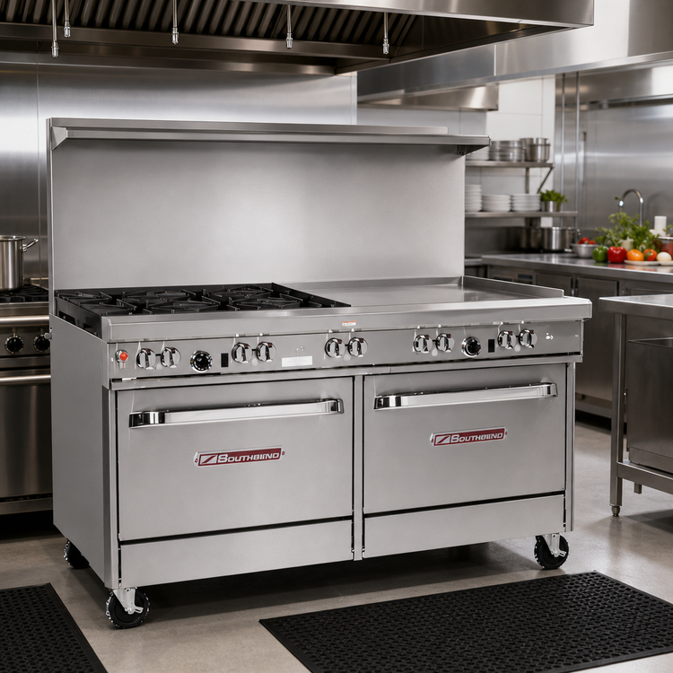 Product image #2 for Southbend Ultimate 60-Inch Gas Restaurant Range with 2 Non-Clog Open Burners, 48-Inch Griddle, and 2 Convection Ovens