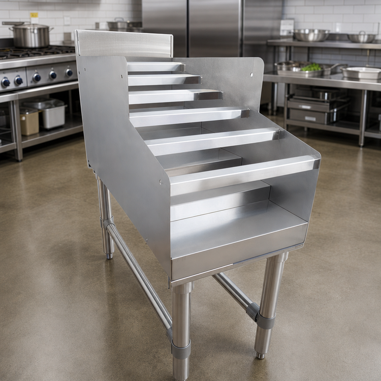 Product image #2 for Omcan USA Free-Standing 5-Step Stainless Steel Liquor Display Rack with 3-Inch Backsplash