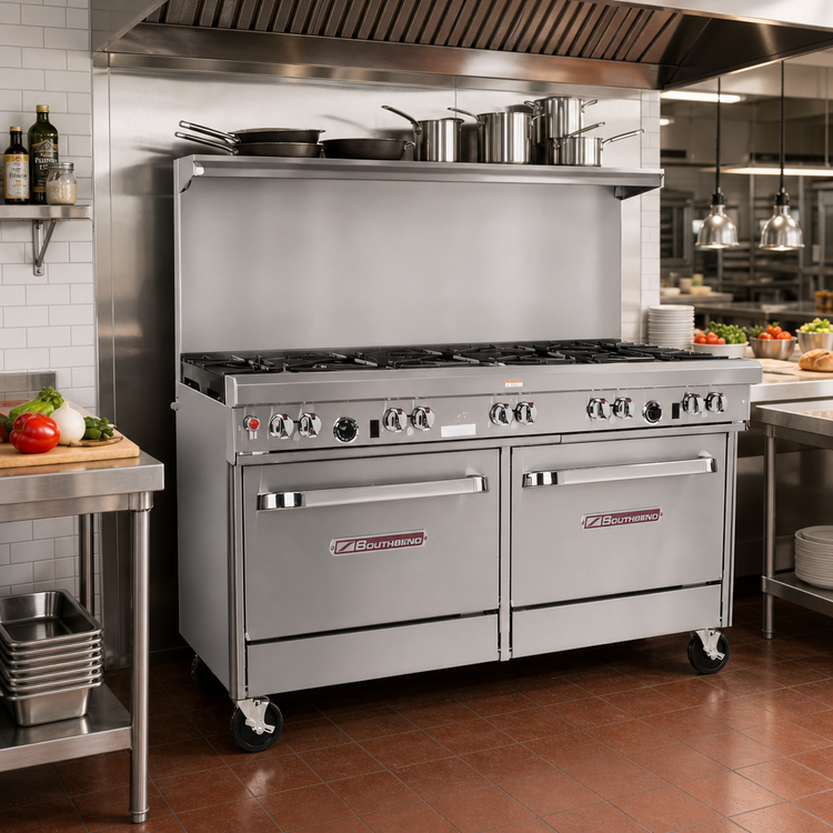 Product image #2 for Southbend Ultimate 60-Inch Commercial Gas Restaurant Range with 9 Open Burners, 2 Cabinets and Hi-Shelf