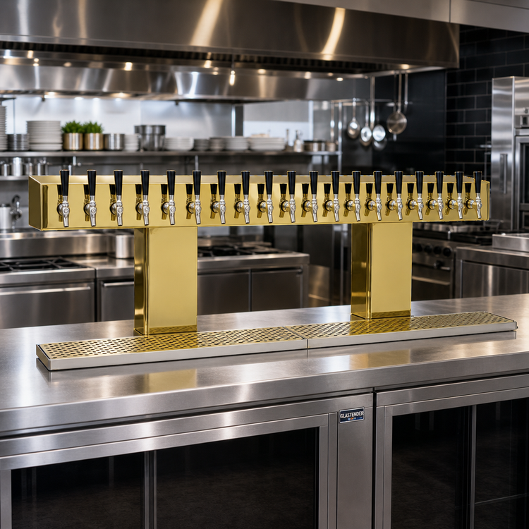 Product image #2 for Glastender BRT-18-PB 18-Faucet Direct-Draw Air-Cooled Countertop Bridge Draft Dispensing Tower with Polished Brass Finish