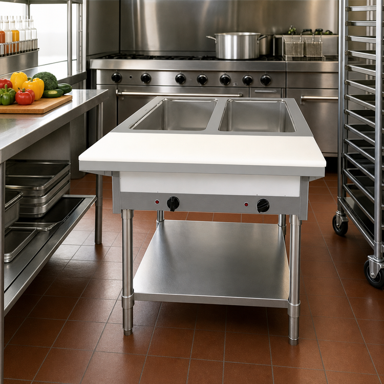 Product image #2 for 30-Inch Natural Gas Open Well Stainless Steel Steam Table with 2 Full-Size Pan Capacity, Cutting Board, and Undershelf