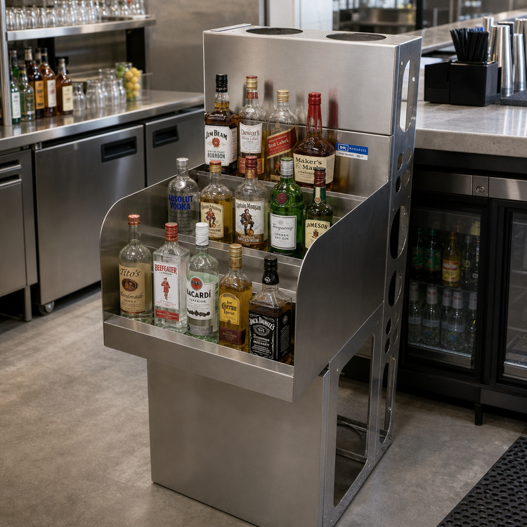 Product image #2 for BK Resources 36-Inch Freestanding Underbar Stainless Steel Liquor Bottle Display Unit with 4 Steps
