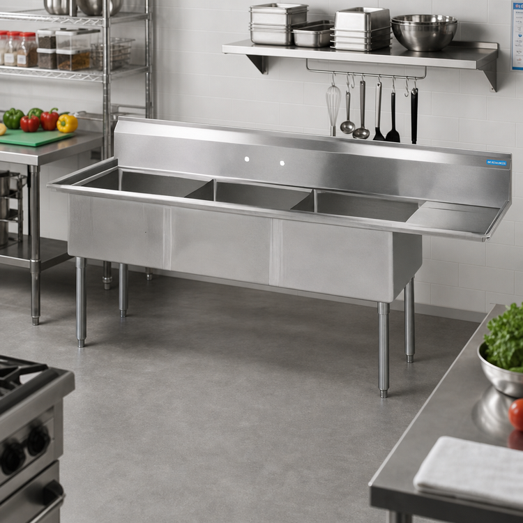 Product image #2 for Three-Compartment Stainless Steel Sink with Right Drainboard, 18" x 24" x 14" Bowls
