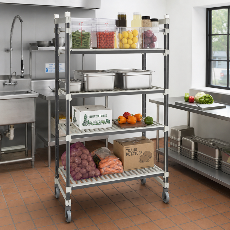 Product image #2 for Cambro Camshelving Elements XTRA Series High Density Top Rail 5-Tier Mobile Starter Unit, 21 x 48 x 80 Inches, Speckled Gray