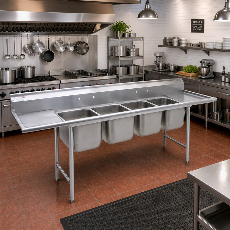 Product image #2 for Eagle 314 Series Four-Compartment Coved Corner Sink with Double 24-Inch Drainboards, 16-Inch Bowls