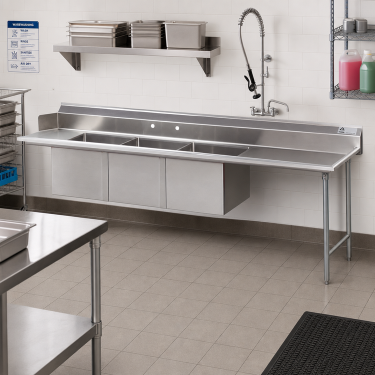 Product image #2 for Advance Tabco 95-Inch Right-Hand 3-Compartment Sink Dishtable with 35-Inch Drainboard