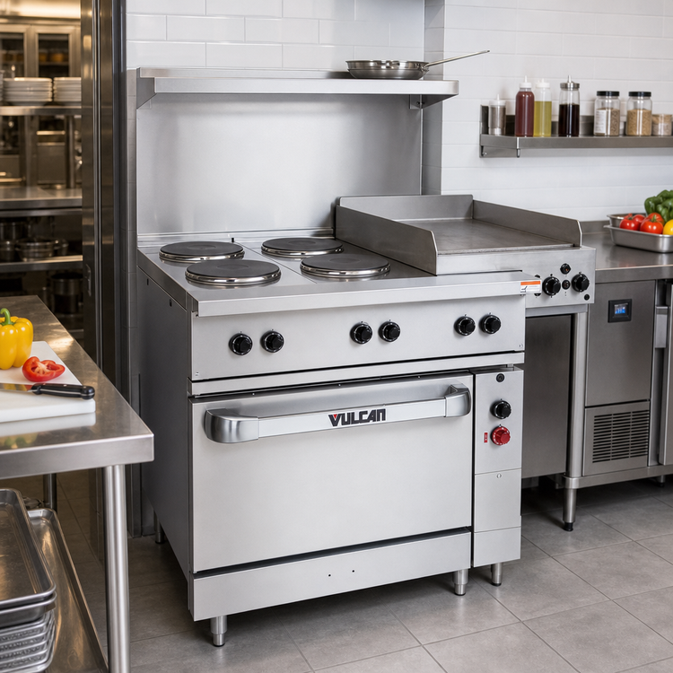 Product image #3 for Vulcan 36-Inch Electric Restaurant Range with 2 French Plates and 24-Inch Griddle, Standard Oversized Oven, 208V