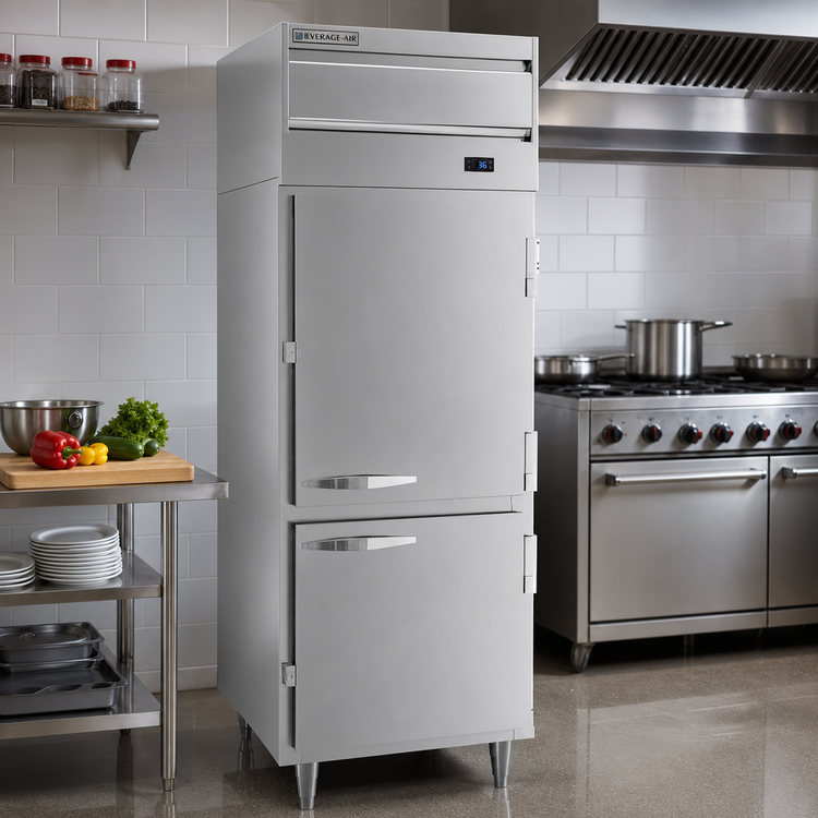 Product image #2 for Beverage-Air P-Series One-Section Reach-In Refrigerator, 21.01 Cu. Ft., 2 Lockable Solid Half Doors, Top-Mounted Self-Contained