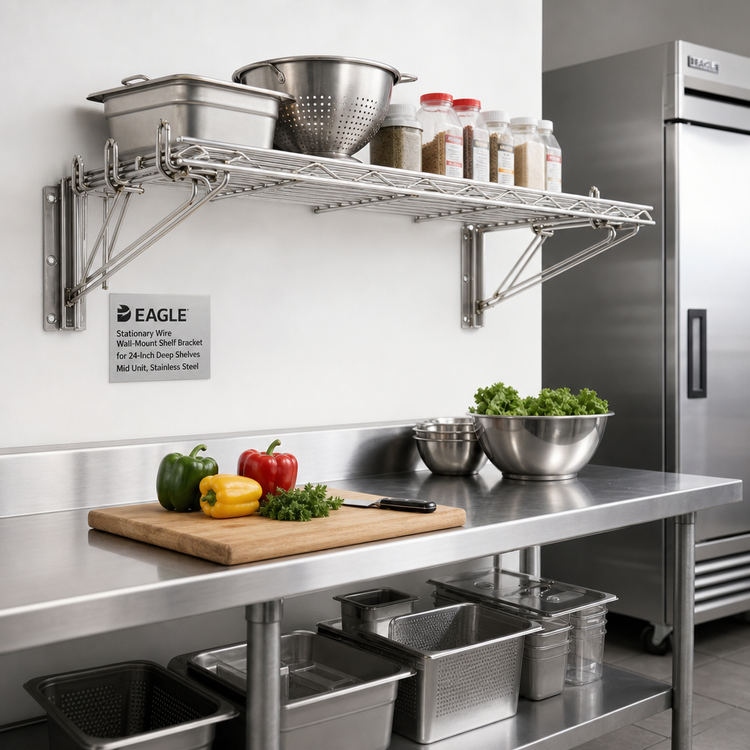 Product image #2 for Eagle Group Stationary Wire Wall-Mount Shelf Bracket for 24-Inch Deep Shelves, Mid Unit, Stainless Steel