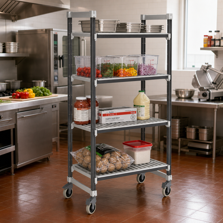 Product image #2 for Cambro Camshelving Elements XTRA 18 x 54 x 78-1/4 Inch 4-Shelf Vented Mobile Starter Unit, Speckled Gray