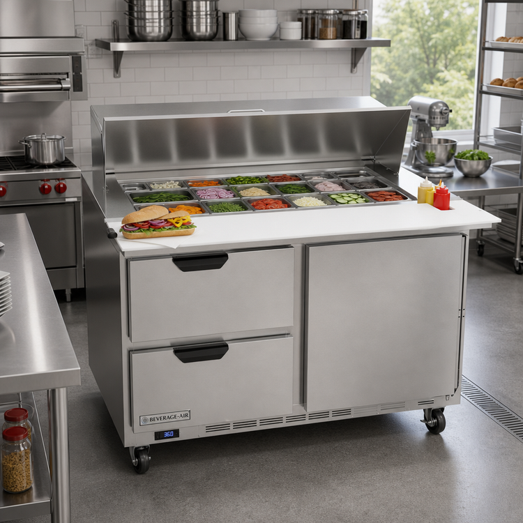 Product image #3 for Beverage Air 48-Inch Mega Top Sandwich Prep Table with 18-Pan Top, 2 Drawers, and 1 Door