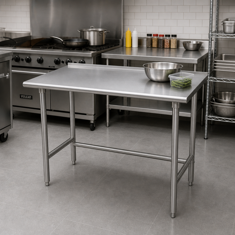 Product image #2 for Advance Tabco TFSS-304 Premium Stainless Steel Open Base Work Table, 48 x 30 Inches, 14-Gauge 304 Top, 1-1/2 Inch Rear Up-Turn