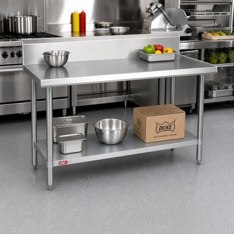 Product image #2 for Duke 48-Inch x 24-Inch 14-Gauge 300 Series Stainless Steel Work Table with 10-Inch Riser, Marine Edge and Galvanized Undershelf