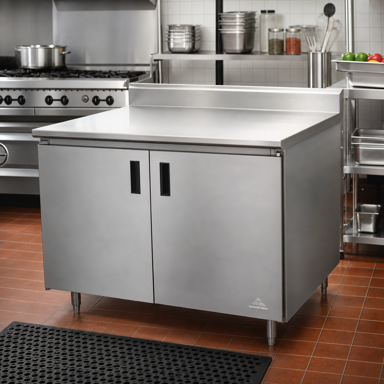 Product image #2 for Advance Tabco Special Value Economy 48" x 24" Enclosed Stainless Steel Work Table with Cabinet Base and 5" Backsplash