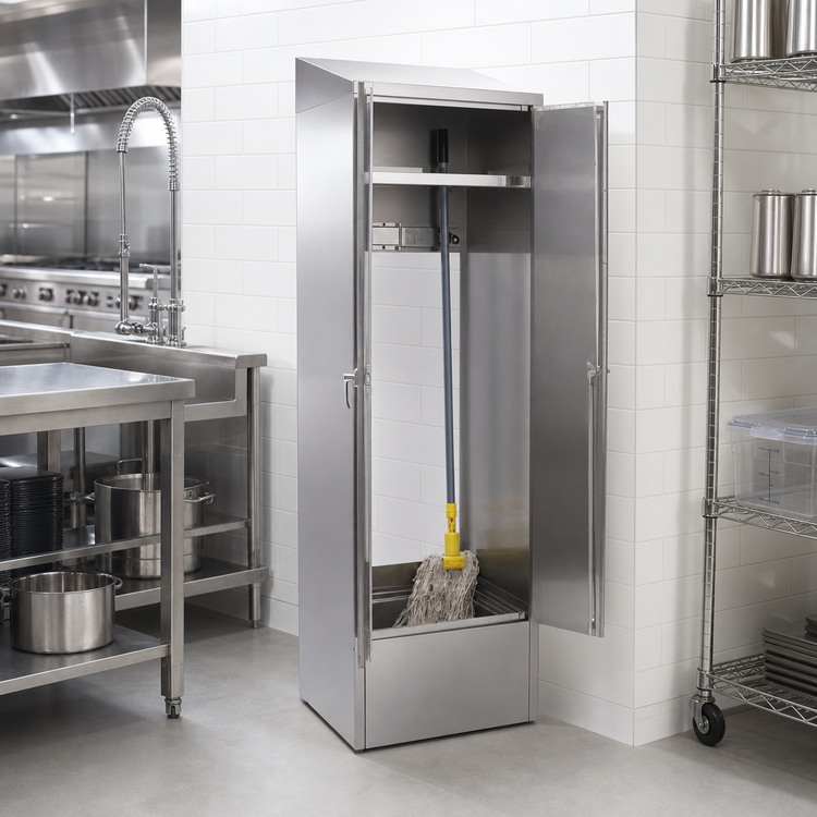 Product image #2 for Eagle Group Single-Width Stainless Steel Mop Sink Cabinet with 8-Inch Deep Sink, Slanted Top, Shelf, and Spray Hose