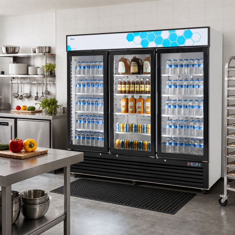 Product image #2 for Migali Competitor Series 3-Section Reach-In Glass Door Refrigerator Merchandiser, 72 Cu. Ft., Bottom-Mount Self-Contained, White