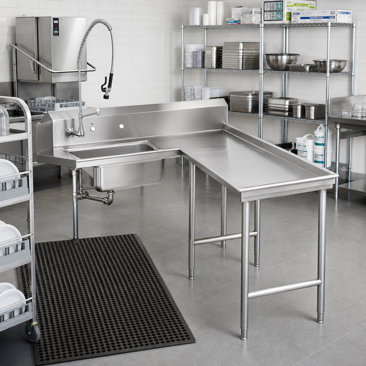 Product image #2 for Advance Tabco Standard-Series L-Shaped Island Soil Dish Table with Pre-Rinse Sink, 83-Inch Long, Right-Hand, 16 Gauge 304 Stainless Steel