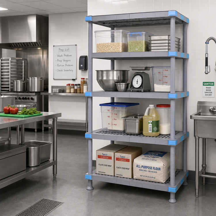 Product image #2 for Quantum Millenia 60-Inch Wide x 21-Inch Deep x 86-Inch High Stationary 4-Shelf Polymer Shelving Unit with Dunnage Stand, 2,000 lb. Capacity