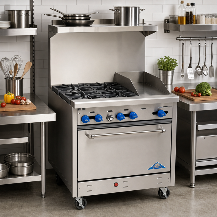 Product image #2 for Comstock-Castle 36-Inch Gas Range with 4 Star Burners, 12-Inch Griddle, Standard Oven, Backriser and High Shelf
