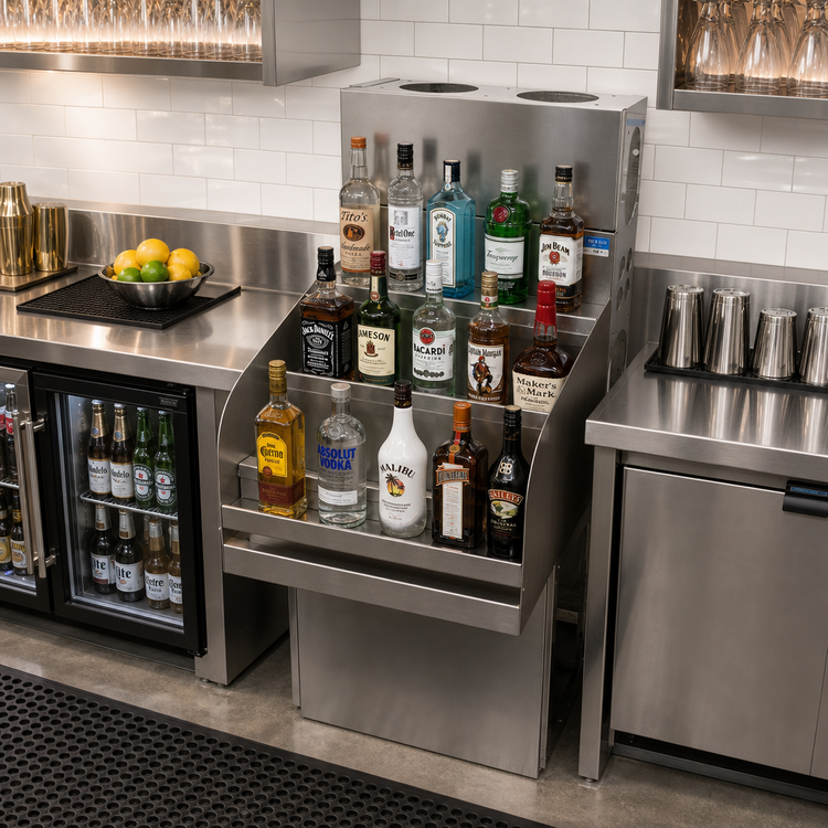 Product image #3 for BK Resources 36-Inch Wide Underbar Stainless Steel Liquor Bottle Display Unit, 4-Step
