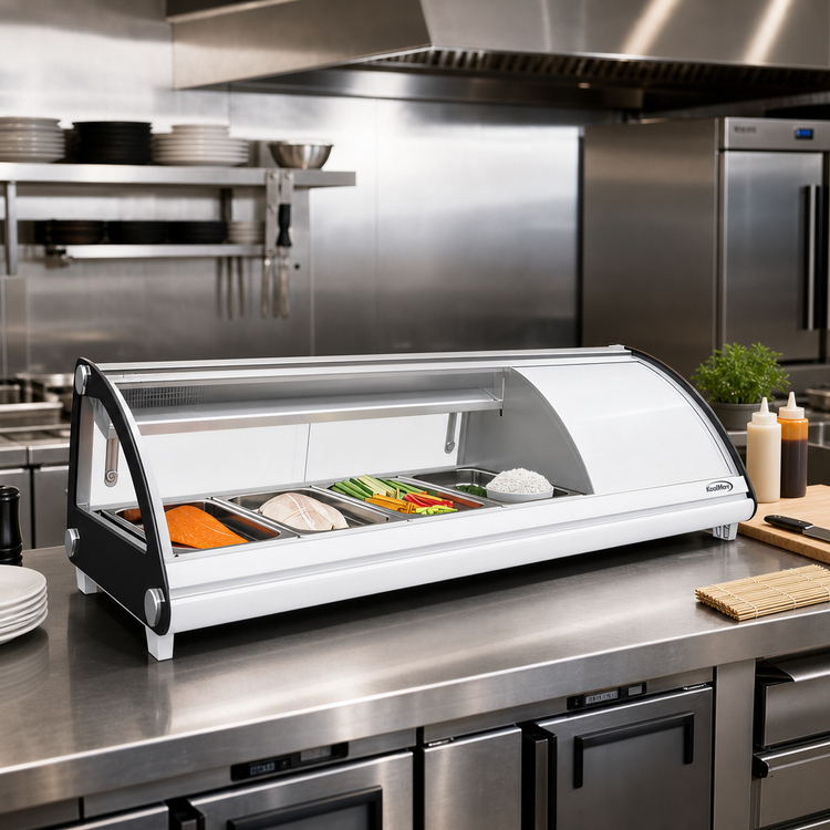 Product image #3 for KoolMore 46-Inch White Countertop Sushi Display Refrigerator with Curved Glass and 4 Stainless Steel Trays