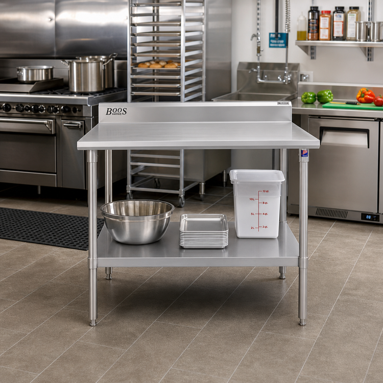 Product image #2 for John Boos Stallion 48" x 24" Stainless Steel Work Table with 5" Backsplash and Adjustable Undershelf