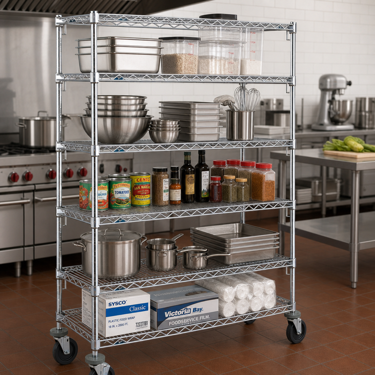 Product image #2 for Metro Super Erecta Adjustable 5-Shelf Wire Shelving Stem Caster Cart, 60 x 24 Inches, Chrome Finish