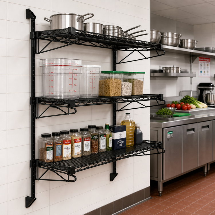 Product image #2 for Quantum 3-Shelf Wall-Mount Cantilever Starter Unit with 54-Inch Posts, Black Epoxy Antimicrobial Finish