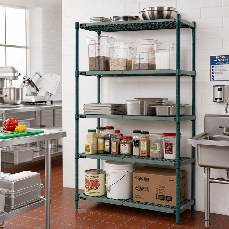 Product image #2 for Quantum 48-Inch W x 14-Inch D x 86-Inch H 5-Tier Stationary Wire Shelving Unit with Plastic Mats, Green Epoxy Coated