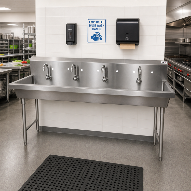 Product image #2 for BK Resources Four-Station Freestanding Stainless Steel Hand Wash Sink, 96 Inch Wide