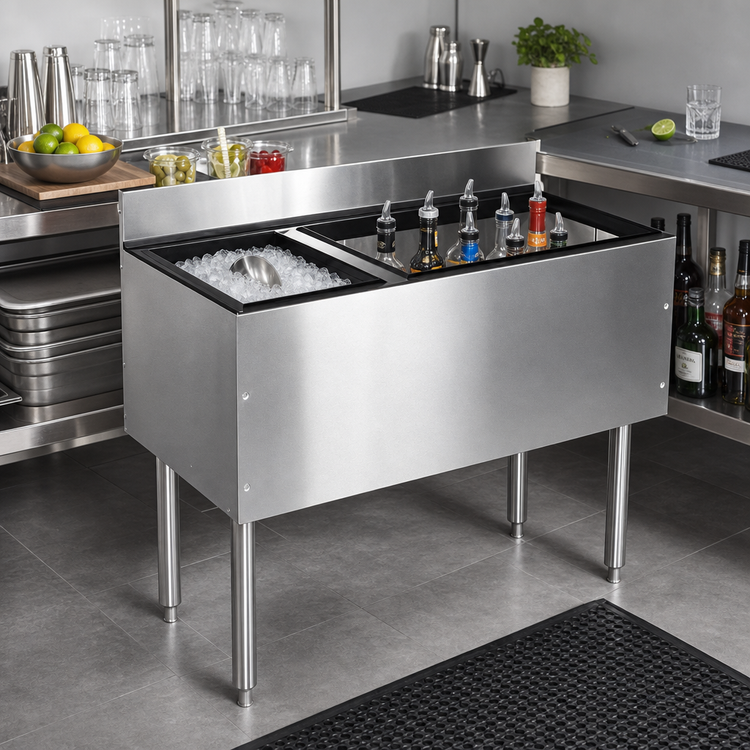 Product image #2 for CHOICE 48-Inch Underbar Combo Ice Bin/Cocktail Unit with 6-Bottle Insulated Storage