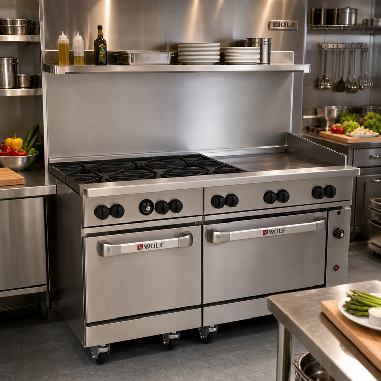Product image #2 for Wolf Challenger XL 60-Inch Commercial Gas Restaurant Range with 6 Burners, 24-Inch Griddle, Standard Oven and Convection Oven