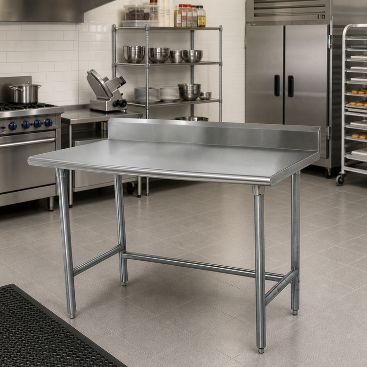 Product image #2 for Advance Tabco Special Value Series 60" x 30" 16 Gauge 430 Stainless Steel Work Table with 5" Backsplash and Galvanized Open Base