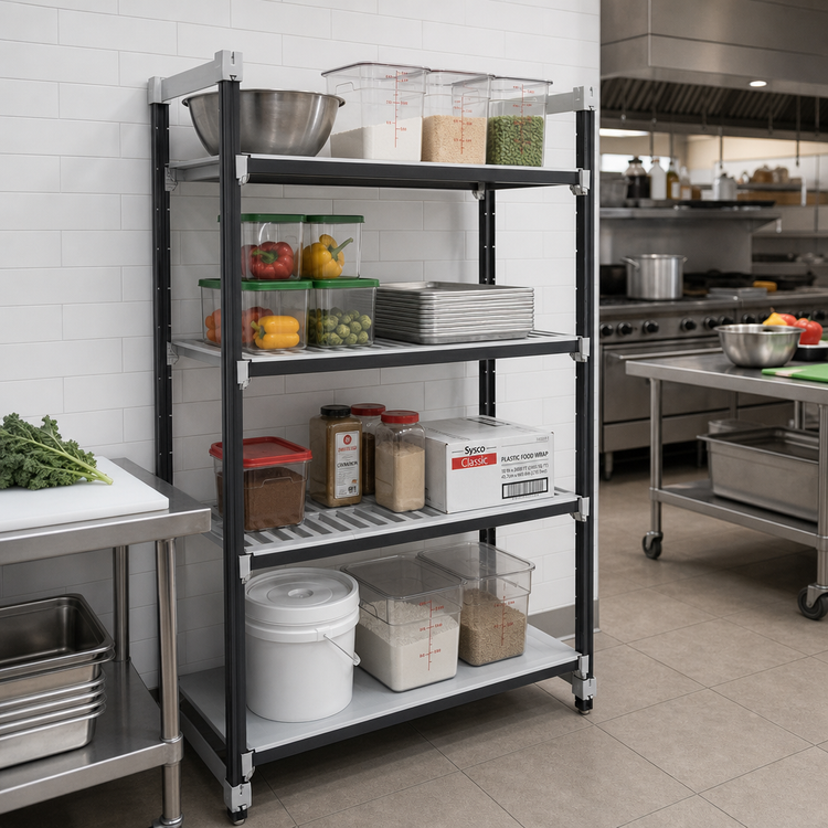 Product image #2 for Cambro Camshelving Elements XTRA 4-Tier Stationary Starter Polymer Shelving Unit, 36-Inch Wide x 24-Inch Deep x 64-Inch High, Vented and Solid Shelves