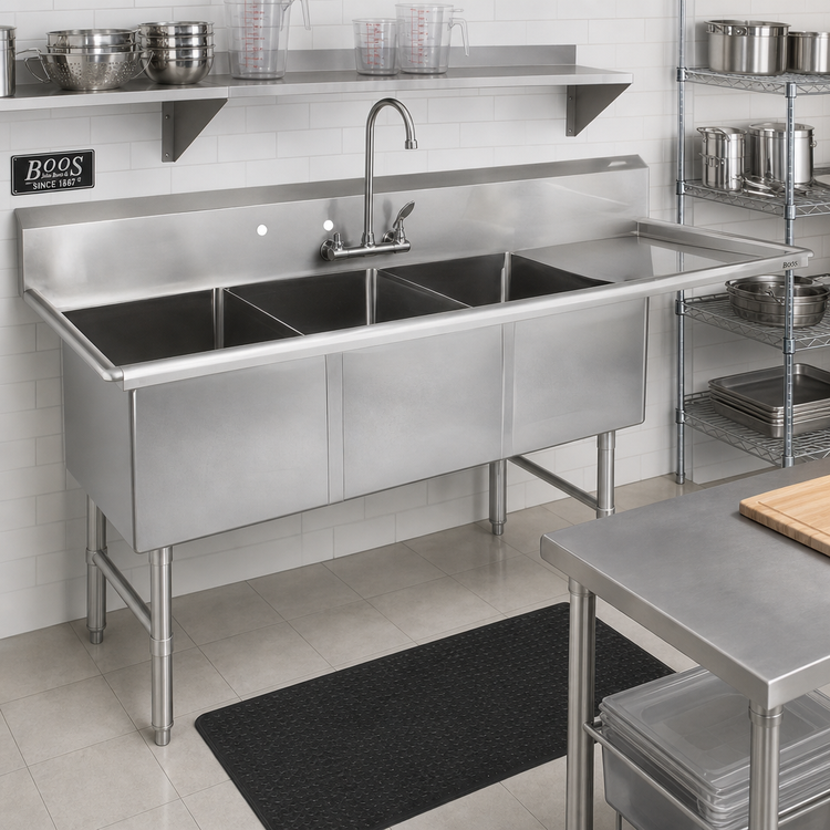 Product image #2 for John Boos B-Series 3-Compartment Stainless Steel Sink with Right Drainboard, 76-3/16" W x 23-1/2" D, 16-Gauge