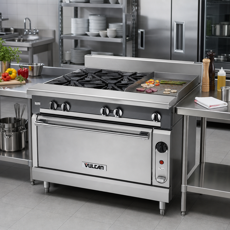 Product image #2 for Vulcan V Series 36-Inch Heavy Duty Floor Model Gas Range with 2 Open Burners, 18-Inch Thermostatic Griddle, and Standard Oven