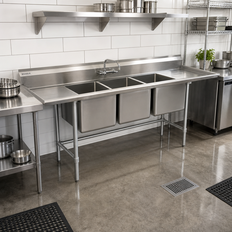 Product image #2 for Eagle Group S16 Series 2-Compartment 16-Gauge 304 Stainless Steel Sink with Right-Hand Drainboard, 67-1/2 x 27 Inches