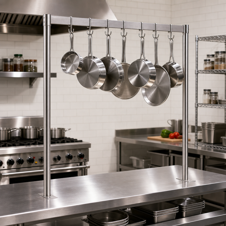 Product image #3 for 72-Inch Adjustable Table-Mount Pot Rack with Straight Bar and Double-Pronged Hooks