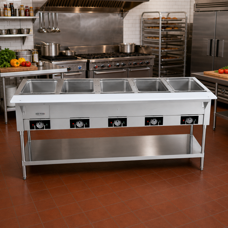 Product image #2 for Serv-Ware 5-Well Open Well Electric Steam Table with Open Shelf Base