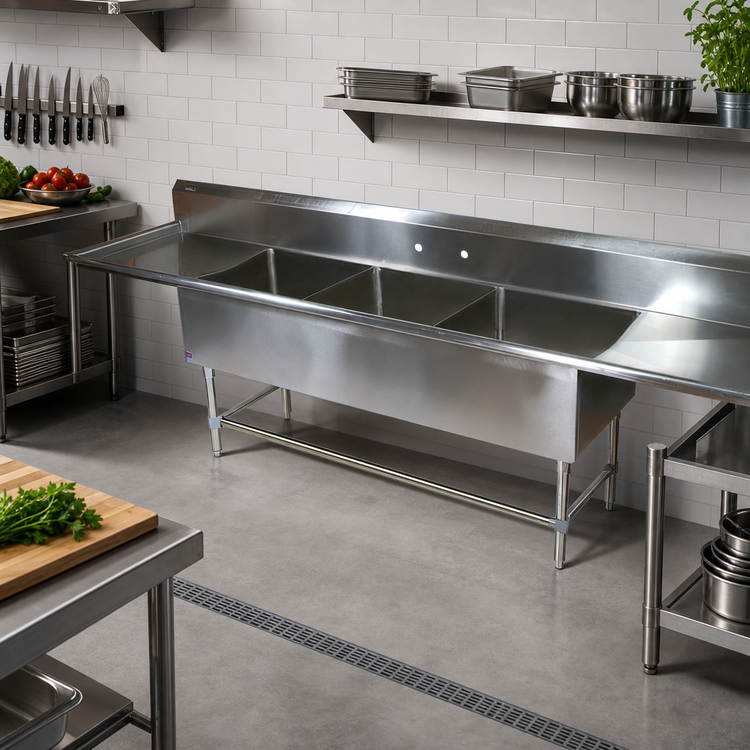 Product image #2 for John Boos Pro-Bowl 3-Compartment Sink with Left and Right 24" Drainboards, 18" x 18" x 12" Bowls, 14-Gauge Stainless Steel