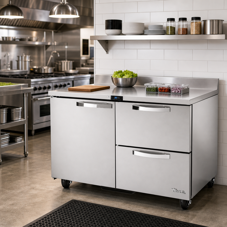 Product image #2 for True SPEC SERIES 48-Inch Two-Section Work Top Refrigerator with 1 Door and 2 Drawers, Rear-Mounted Self-Contained Refrigeration, Stainless Steel