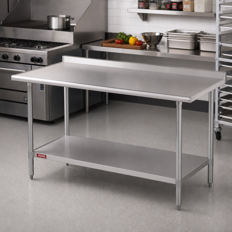Product image #2 for Duke 48" x 30" 14-Gauge 300 Series Stainless Steel Work Table with 1-1/8" Straight Riser and Stainless Undershelf